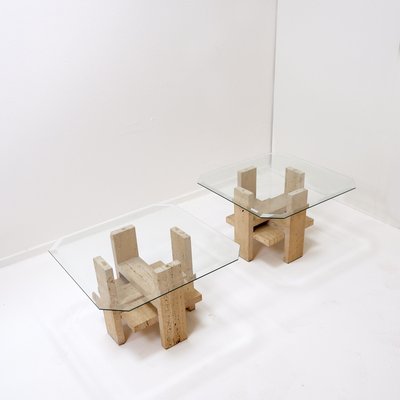 Vintage End Tables in Travertine and Glass by Willy Ballez, 1970s, Set of 2-NYF-2018993