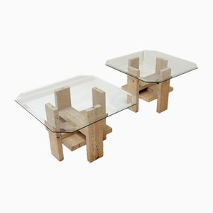 Vintage End Tables in Travertine and Glass by Willy Ballez, 1970s, Set of 2-NYF-2018993