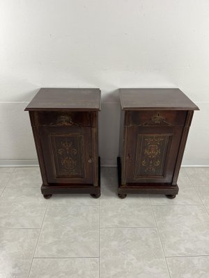 Vintage English Edwardian Bedside Tables with Inlays, 1930s, Set of 2-YST-2016428