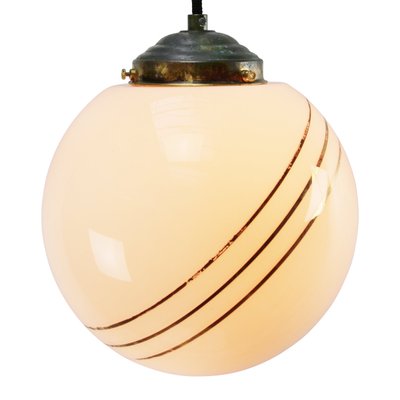 Vintage European Gold-Striped Opaline Glass Globe Pendant with Brass Top-BLS-931044