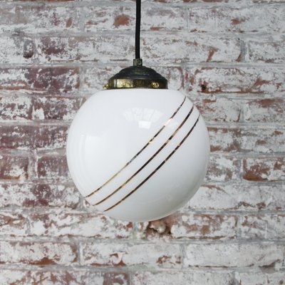 Vintage European Gold-Striped Opaline Glass Globe Pendant with Brass Top-BLS-931044