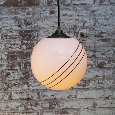 Vintage European Opaline Glass & Brass Top Gold Striped Globe Pendant Light-BLS-1233884