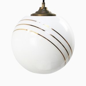 Vintage European Opaline Glass & Brass Top Gold Striped Globe Pendant Light-BLS-1233884