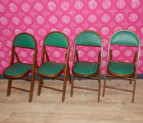 Vintage Folding Chairs in Wood and Faux Leather, 1970s, Set of 4-AFE-2041089