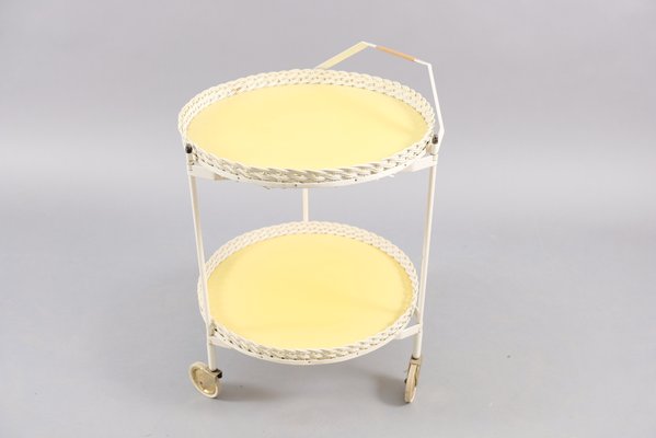 Vintage Folding Rattan & White Metal Tea Cart, 1960s-CIP-638925