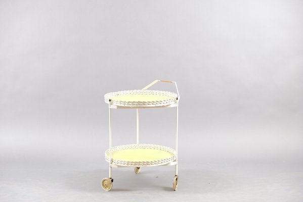 Vintage Folding Rattan & White Metal Tea Cart, 1960s-CIP-638925