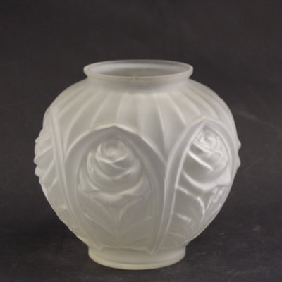 Vintage French Art Deco Etched Glass Geometric Rose Motif Vase, 1930s-SY-1078792