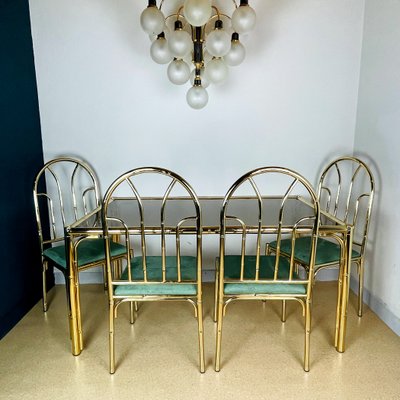 Vintage French Brass Faux Bamboo Dining 4 Chairs and Table, 1970s, Set of 5-WQC-1074323