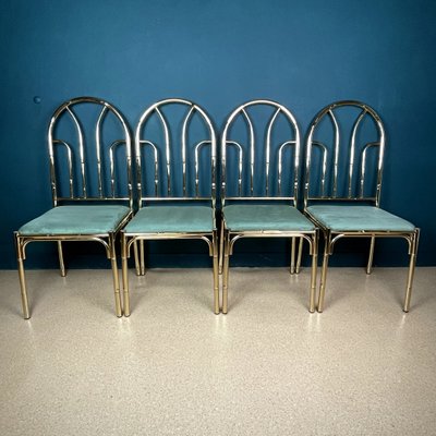 Vintage French Brass Faux Bamboo Dining 4 Chairs and Table, 1970s, Set of 5-WQC-1074323