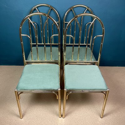 Vintage French Brass Faux Bamboo Dining 4 Chairs and Table, 1970s, Set of 5-WQC-1074323