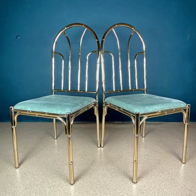 Vintage French Brass Faux Bamboo Dining 4 Chairs and Table, 1970s, Set of 5-WQC-1074323