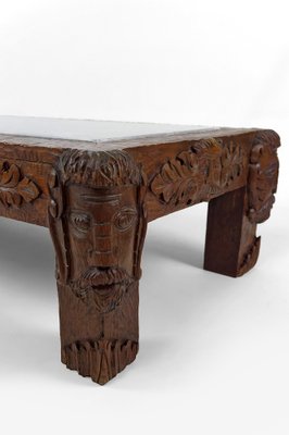 Vintage French Coffee Table in Oak Carved with Faun Heads and Marble Top, 1940-XNH-1804563