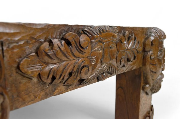 Vintage French Coffee Table in Oak Carved with Faun Heads and Marble Top, 1940-XNH-1804563