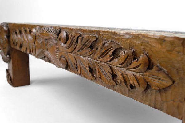 Vintage French Coffee Table in Oak Carved with Faun Heads and Marble Top, 1940-XNH-1804563