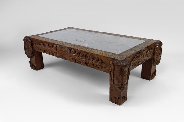 Vintage French Coffee Table in Oak Carved with Faun Heads and Marble Top, 1940-XNH-1804563