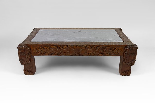 Vintage French Coffee Table in Oak Carved with Faun Heads and Marble Top, 1940-XNH-1804563