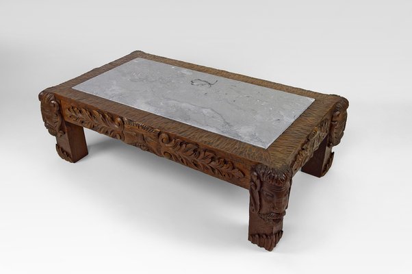 Vintage French Coffee Table in Oak Carved with Faun Heads and Marble Top, 1940-XNH-1804563