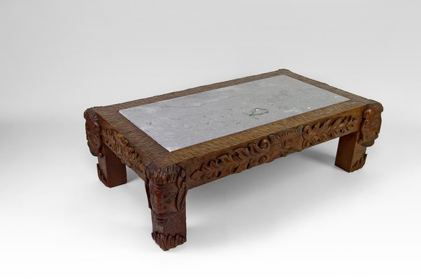 Vintage French Coffee Table in Oak Carved with Faun Heads and Marble Top, 1940-XNH-1804563