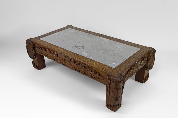 Vintage French Coffee Table in Oak Carved with Faun Heads and Marble Top, 1940-XNH-1804563