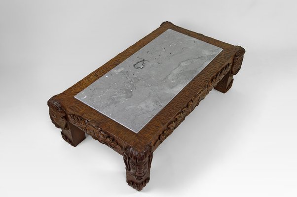 Vintage French Coffee Table in Oak Carved with Faun Heads and Marble Top, 1940-XNH-1804563