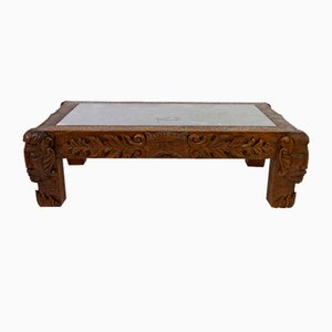 Vintage French Coffee Table in Oak Carved with Faun Heads and Marble Top, 1940-XNH-1804563