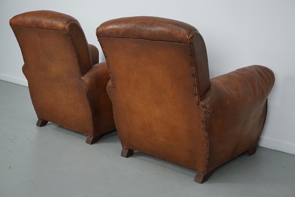 Vintage French Cognac Leather Club Chairs, Set of 2-XO-2042246