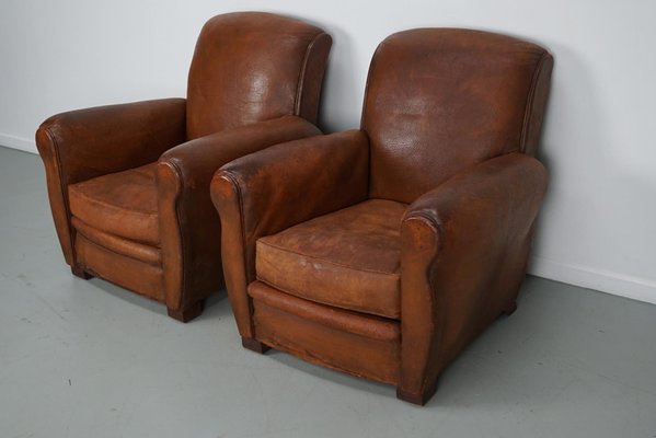 Vintage French Cognac Leather Club Chairs, Set of 2-XO-2042246