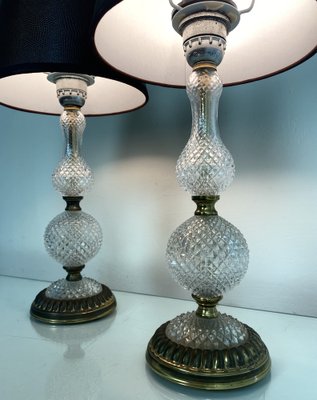 Vintage French Cut Glass and Brass Table Lamps, 1950s, Set of 2-WZZ-982728