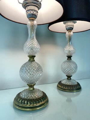 Vintage French Cut Glass and Brass Table Lamps, 1950s, Set of 2-WZZ-982728