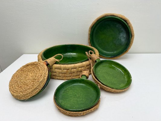 Vintage French Green Ceramic Glazed Bowls with Straw Base, 1970s, Set of 5-WZZ-2021724