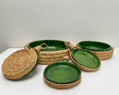 Vintage French Green Ceramic Glazed Bowls with Straw Base, 1970s, Set of 5-WZZ-2021724