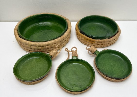 Vintage French Green Ceramic Glazed Bowls with Straw Base, 1970s, Set of 5-WZZ-2021724