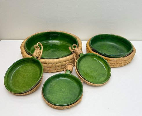 Vintage French Green Ceramic Glazed Bowls with Straw Base, 1970s, Set of 5-WZZ-2021724