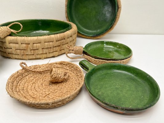 Vintage French Green Ceramic Glazed Bowls with Straw Base, 1970s, Set of 5-WZZ-2021724