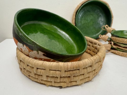 Vintage French Green Ceramic Glazed Bowls with Straw Base, 1970s, Set of 5-WZZ-2021724