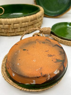 Vintage French Green Ceramic Glazed Bowls with Straw Base, 1970s, Set of 5-WZZ-2021724