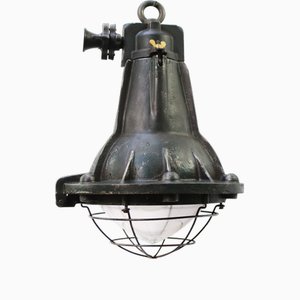 Vintage French Industrial Green Cast Iron and Clear Glass Pendant Lamp-BLS-1703810