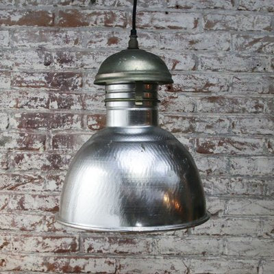 Vintage French Industrial Silver Metal Pendant Light-BLS-1138349