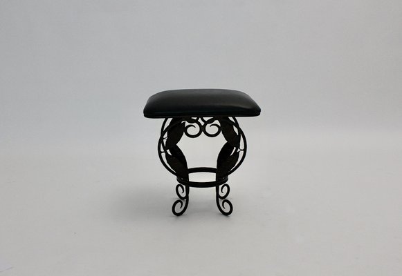 Vintage French Iron Leaves Stool with Black Leather Seat, 1970s-NB-1071299