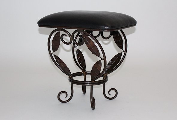 Vintage French Iron Leaves Stool with Black Leather Seat, 1970s-NB-1071299