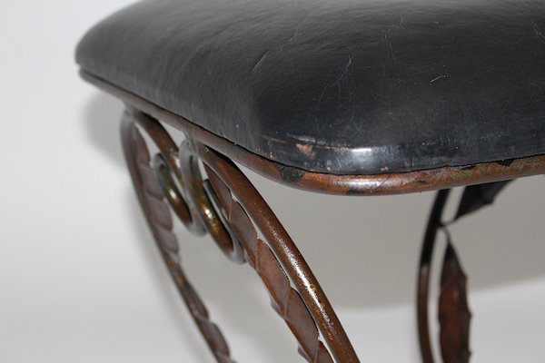 Vintage French Iron Leaves Stool with Black Leather Seat, 1970s-NB-1071299