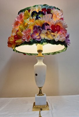 Vintage French Table Lamp with Opaline White Crystal Glass with Gold-Plated Bronze Fittings from Sevres and a Lush Handmade Bouquet Shade from Lamplove, 1970s-HOI-2035664