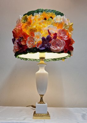 Vintage French Table Lamp with Opaline White Crystal Glass with Gold-Plated Bronze Fittings from Sevres and a Lush Handmade Bouquet Shade from Lamplove, 1970s-HOI-2035664