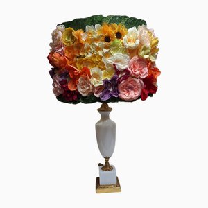 Vintage French Table Lamp with Opaline White Crystal Glass with Gold-Plated Bronze Fittings from Sevres and a Lush Handmade Bouquet Shade from Lamplove, 1970s-HOI-2035664