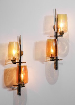 Vintage French Wall Lights in Glass and Brass, 1950, Set of 2-YU-1398657