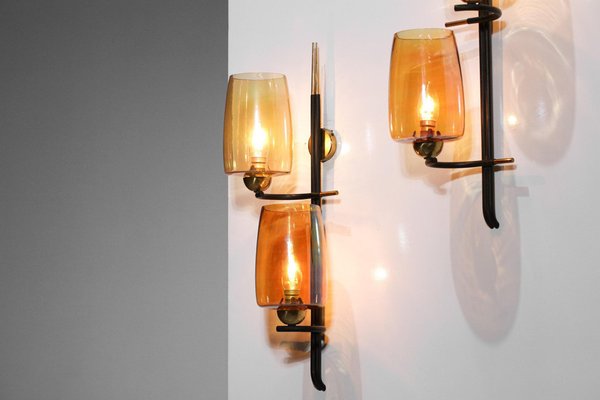 Vintage French Wall Lights in Glass and Brass, 1950, Set of 2-YU-1398657