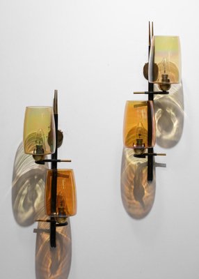 Vintage French Wall Lights in Glass and Brass, 1950, Set of 2-YU-1398657