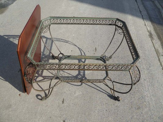 Vintage French Wrought Iron and Mahogany Coffee Table, 1940s-AWL-606009