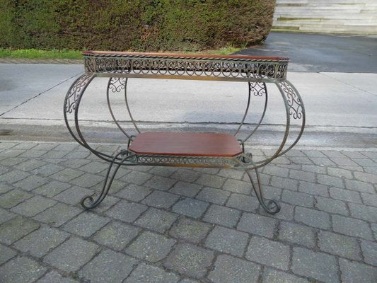 Vintage French Wrought Iron and Mahogany Coffee Table, 1940s-AWL-606009