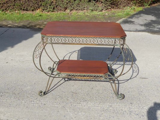 Vintage French Wrought Iron and Mahogany Coffee Table, 1940s-AWL-606009